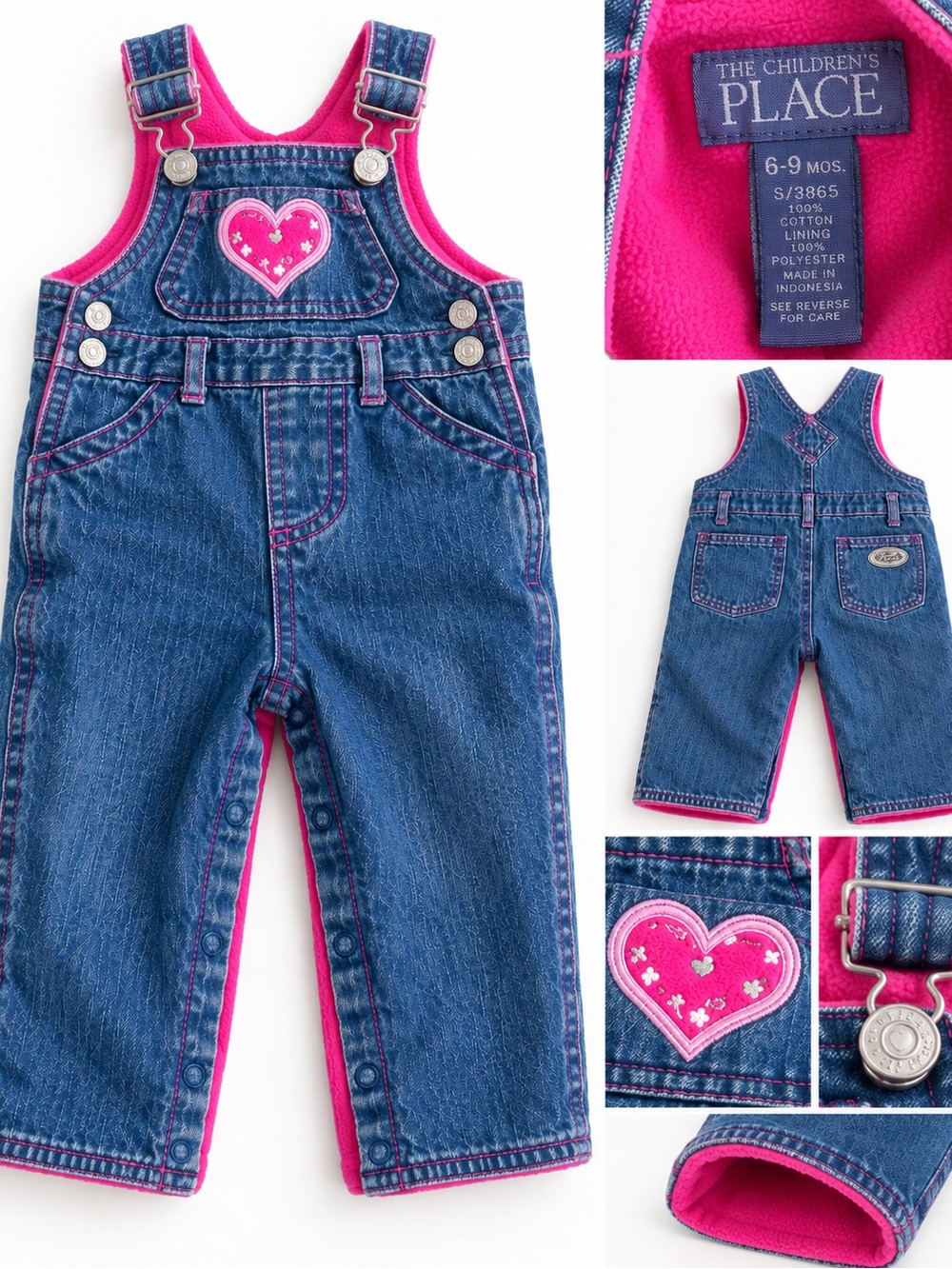 The Children's Place Denim Overalls with Hot Pink Trim and Heart Patch